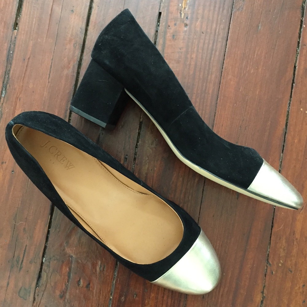 J.Crew black suede gold cap-toe block heels. 9.5